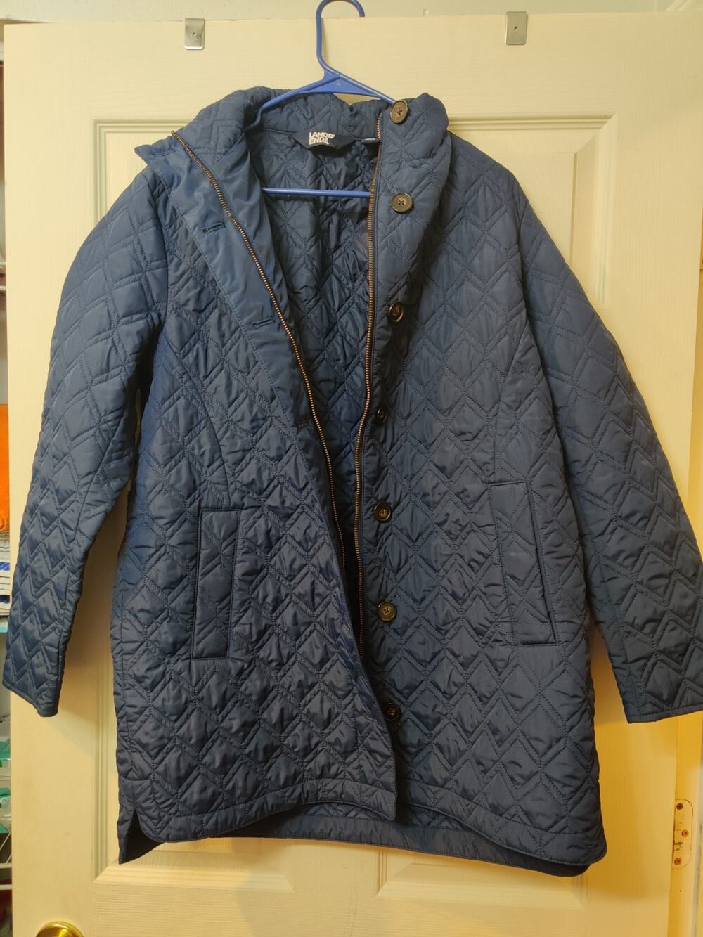 Lands End Down Puffer Jacket Size M 10 12 Quilted Navy Geometric Women's Coat